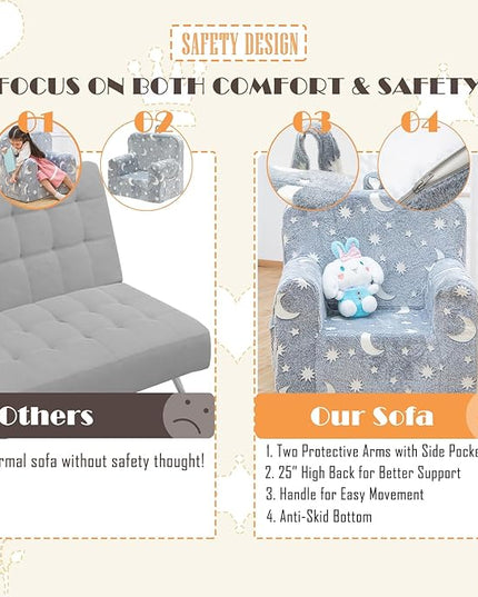Snuggly-Soft Cuddly Toddler Plush Armchair for Boys and Girls Fuzzy Plush Kids Sofa Couch Reading Chair with Children Friendly Handle for Easy Movement & Double Pockets for Storage, Glowing Grey - LeafyLoom