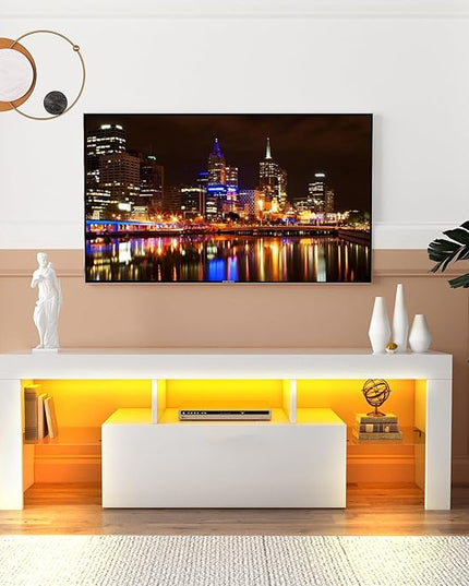 LED TV Stand for Televisions up to 55 inches, Entertainment Center and Media Console with Storage Drawers and Glass Shelves for Living Room, Bedroom - LeafyLoom