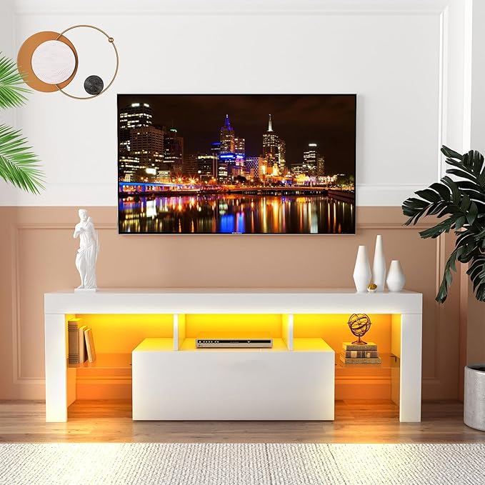 LED TV Stand for Televisions up to 55 inches, Entertainment Center and Media Console with Storage Drawers and Glass Shelves for Living Room, Bedroom - LeafyLoom
