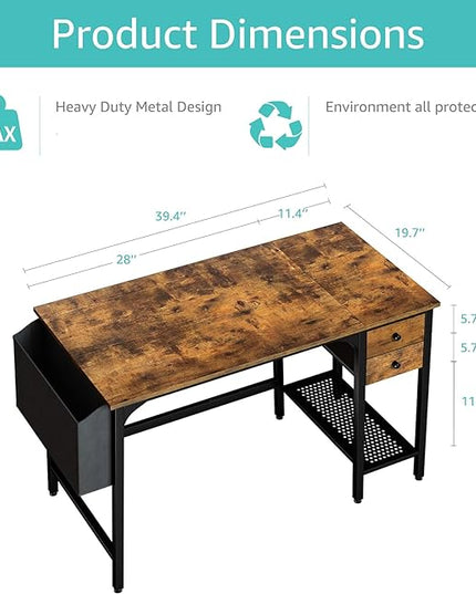 Lufeiya Computer Desk with Drawers - 40 Inch Work Small Desk for Bedroom Home Office, Simple Study Writing Table PC Desks with Drawer Storage Shelves, Rustic Brown - LeafyLoom