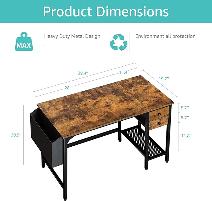 Lufeiya Computer Desk with Drawers - 40 Inch Work Small Desk for Bedroom Home Office, Simple Study Writing Table PC Desks with Drawer Storage Shelves, Rustic Brown - LeafyLoom