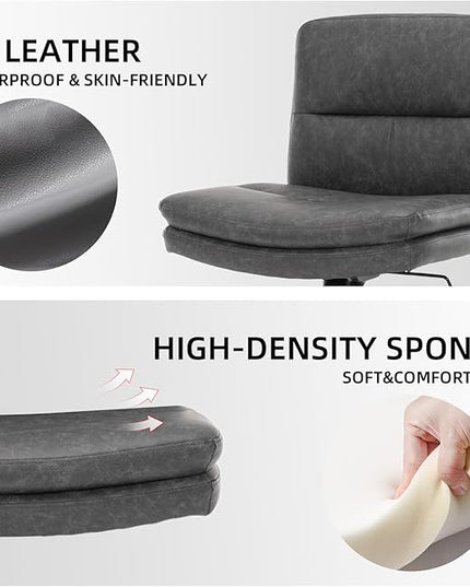 Armless Office Chair with Wheels Wide Desk Chair Leather Mid Back Accent Chair Padded Swivel Vanity Chair for Girl Women Computer Task Chair for Home Office (Leather, Dark Gray/Gray) - LeafyLoom