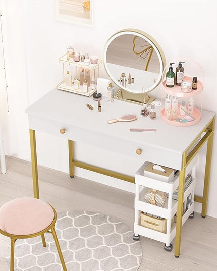 Weehom Computer Desk with Drawers, Home Office Desk for Writing, Studying, and Gaming - Sturdy and Spacious Workstation for PC and Laptop(White and Gold) - LeafyLoom