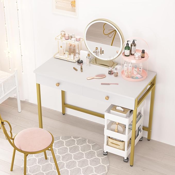 Weehom Computer Desk with Drawers, Home Office Desk for Writing, Studying, and Gaming - Sturdy and Spacious Workstation for PC and Laptop(White and Gold) - LeafyLoom