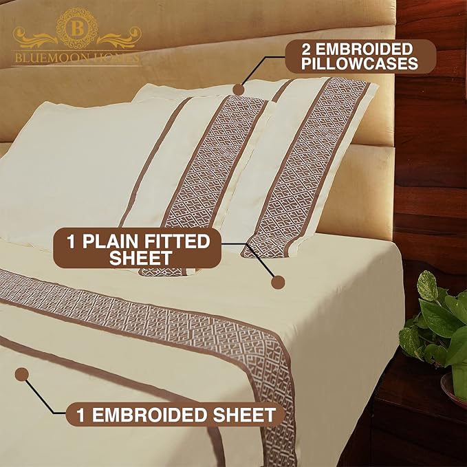 100% Egyptian Cotton California King Sheets Set, 1000 Thread Count Long Staple Cotton, Thick Sateen Cal King Sheets, 18 in Deep Pocket, Ultra Soft & Breathing Cotton - Taupe Embroidered Ivory Sheets - LeafyLoom