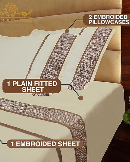 1000 Thread Count Egyptian Cotton Sheets King Size Set - 100% Cotton 4 Pc Bed Sheets, Luxury Hotel Cool Sheets, Breathable Soft Smooth Sateen Weave, 18" Deep Pocket - Taupe Embroidered Ivory Sheets - LeafyLoom