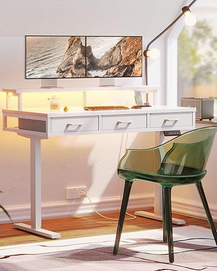 AODK 47 Inch Electric Standing Desk with 3 Drawers, White, Height Adjustable Desk with Power Outlets & LED Lights, Stand Up Desk with Monitor Shelf, Sit Stand Desk Computer Workstation - LeafyLoom