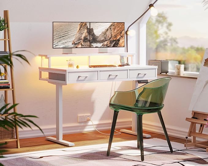 AODK 47 Inch Electric Standing Desk with 3 Drawers, White, Height Adjustable Desk with Power Outlets & LED Lights, Stand Up Desk with Monitor Shelf, Sit Stand Desk Computer Workstation - LeafyLoom