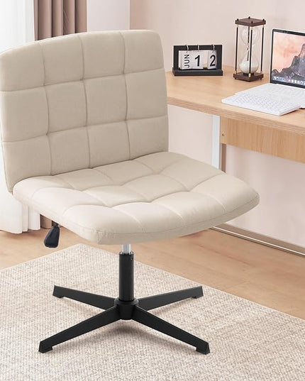 Furniliving Linen Office Desk Chair No Wheels, Armless Swivel Home Office Chair Height Adjustable Wide Office Chair for Bedroom, Modern Mid Back Accent Chair Computer Task Chair, Beige - LeafyLoom