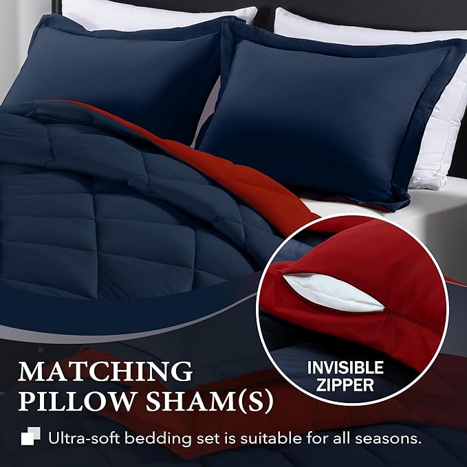 downluxe Queen Comforter Set - Red and Navy Queen Comforter, Soft Bedding Sets for All Seasons -3 Pieces - 1 Comforter (88"x92") and 2 Pillow Shams(20"x26") - LeafyLoom