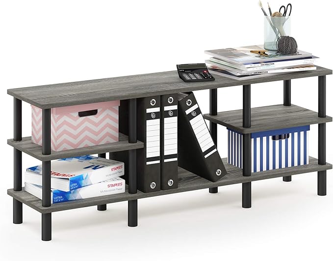 Furinno Turn-N-Tube 3-Tier Multipurpose Wide Shelf TV Stand, French Oak Grey/Black - LeafyLoom