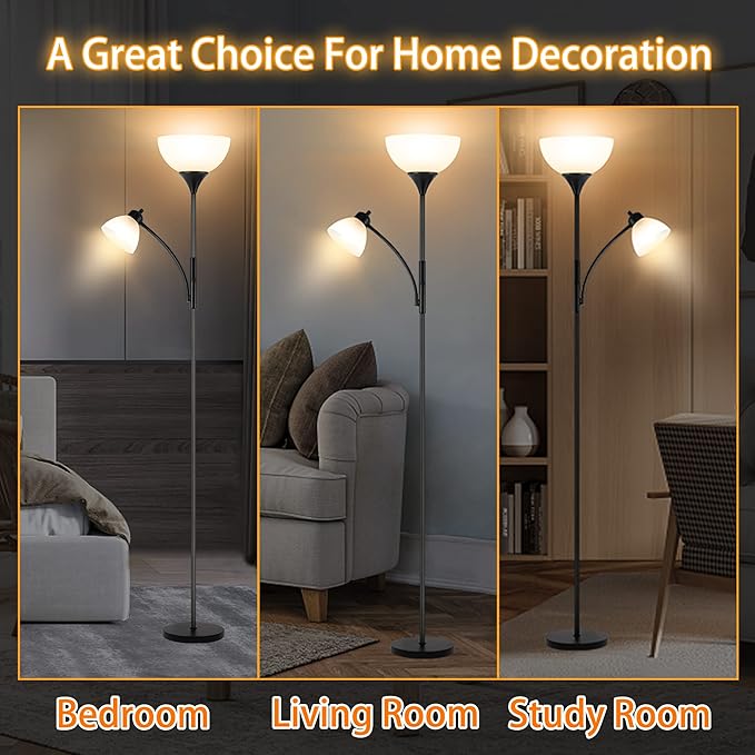 Floor Lamp, Dimmable Standing lamp, 3 Levels Dimmable Brightness, Included 9W and 5W LED Bulbs, Industrial Floor Lamp for Living Room, Bedroom, Office, Reading - LeafyLoom