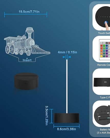 Attivolife Train 3D Gifts Lamp, Illusion Hologram Night Light with Remote Control 16 Color Changing, Kids Bedroom Decor Novelty Birthday Christmas Present for Train Model Collector Boy Men - LeafyLoom