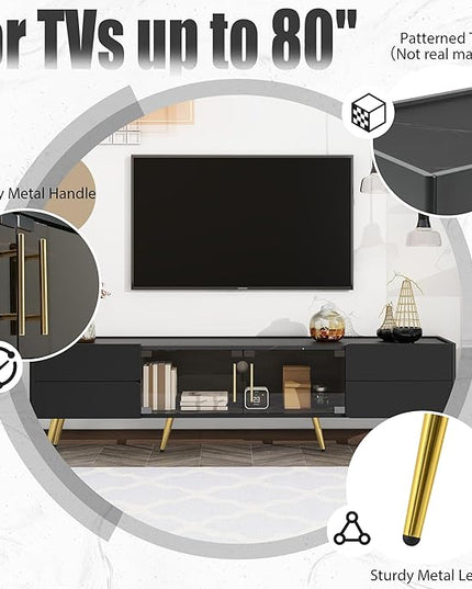 Merax Modern TV Stand for Televisions up to 80 Inches, Entertainment Center with Storage Drawers and Glass Door Cabinet, Marble-patterned Top Media Console Table & Metal Legs for Living Room, Black - LeafyLoom