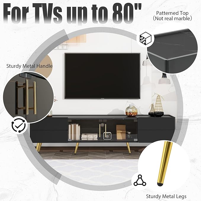 Merax Modern TV Stand for Televisions up to 80 Inches, Entertainment Center with Storage Drawers and Glass Door Cabinet, Marble-patterned Top Media Console Table & Metal Legs for Living Room, Black - LeafyLoom