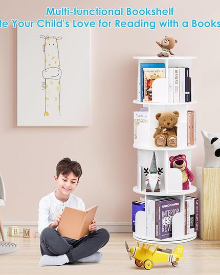 2024 New 4 Tier Rotating Bookshelf kids, Small Corner Bookshelf for Small Space, 360 Display Floor Standing Bookcase Storage Rack, Wood Narrow Book Shelf Organizer for Home Office,Bedroom, Living Room - LeafyLoom