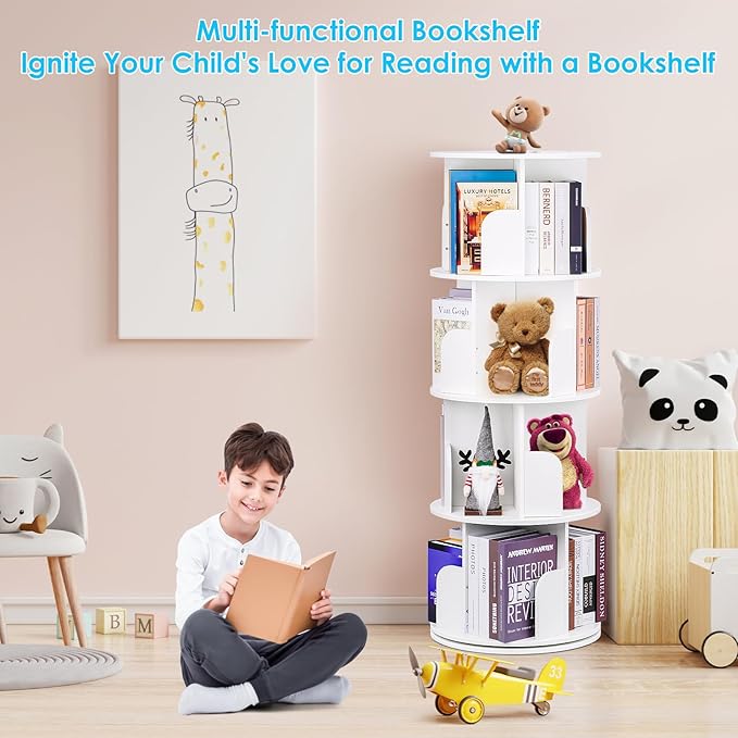 2024 New 4 Tier Rotating Bookshelf kids, Small Corner Bookshelf for Small Space, 360 Display Floor Standing Bookcase Storage Rack, Wood Narrow Book Shelf Organizer for Home Office,Bedroom, Living Room - LeafyLoom