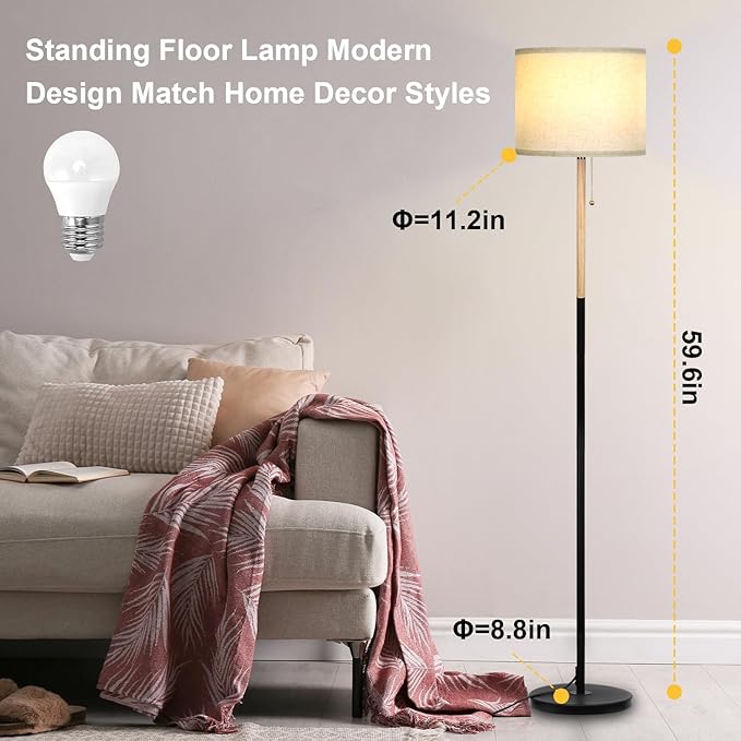 Modern Floor Lamp for Living Room Traditional Farmhouse Floor Lamps Mid-Century Pole Lamp with Linen Lamp Shade, Standing Tall Floor Lamps for Bedrooms and Office (White-01) - LeafyLoom
