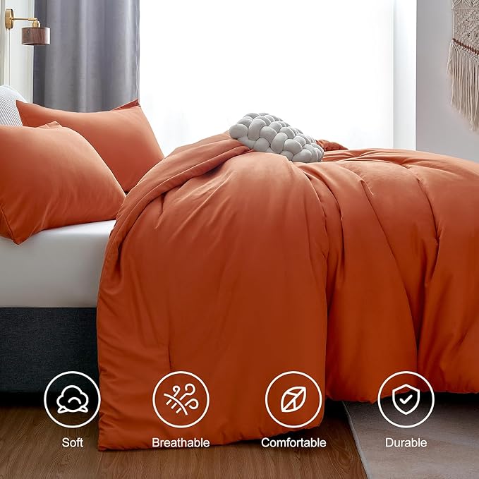 CozyLux Terracotta Comforter Set Twin/Twin XL Size, 2 Pieces Twin Extra Long Solid Burnt Orange Breathable Boho Style Bedding Sets, Luxury Soft Comforter All Season(1 Comforter & 1 Pillowcase) - LeafyLoom