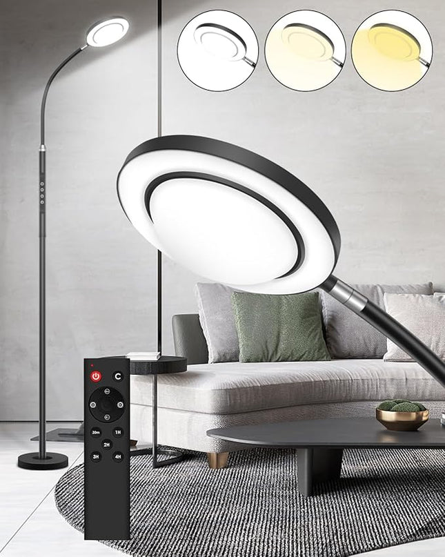 LED Floor Lamp for Bedroom, 24W 2400LM 74 Inch Standing Lamp with 3 Color Temperatures, Modern floor Reading Lamp with Remote & Touch Control, Adjustable gooseneck floor lamp for Office Reading - LeafyLoom