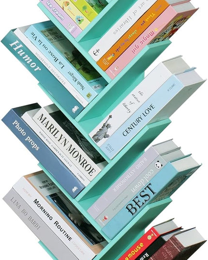 10 Tier Tree Book Shelf, Floor Standing Wood Bookshelf for Narrow Space, Storage Organizer Bookshelves for Books/CDs/Magazine, Bookcase with Shelves for Home Office, Living Room - Green - LeafyLoom