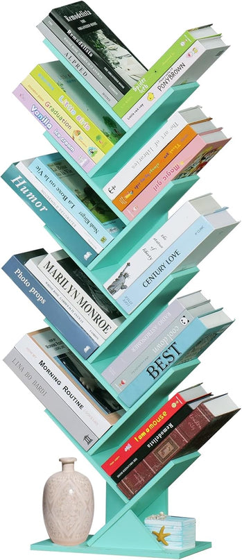 10 Tier Tree Book Shelf, Floor Standing Wood Bookshelf for Narrow Space, Storage Organizer Bookshelves for Books/CDs/Magazine, Bookcase with Shelves for Home Office, Living Room - Green - LeafyLoom