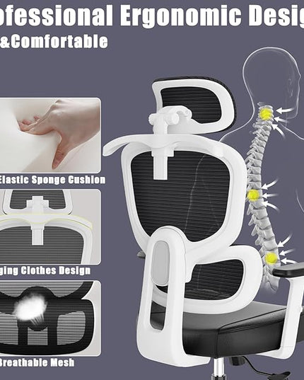 Office Chair, Ergonomic Desk Chair, High Back Desk Chair, Big and Tall Reclining Comfy Home Office Chair with Lumbar Support Breathable Mesh Computer Chair Adjustable Armrests - LeafyLoom