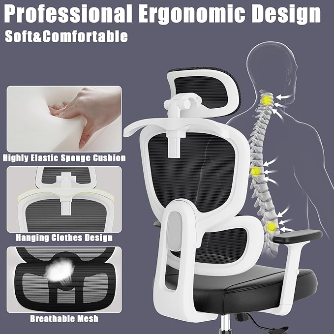 Office Chair, Ergonomic Desk Chair, High Back Desk Chair, Big and Tall Reclining Comfy Home Office Chair with Lumbar Support Breathable Mesh Computer Chair Adjustable Armrests - LeafyLoom