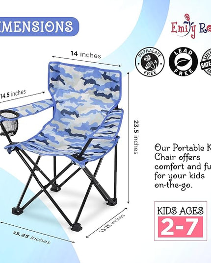 Emily Rose Kids Folding Chair | Beach Chair with Safety Lock- Camping Chair for Boyos Girls Toddler with Cup Holder & Carry Case- Tailgate, Travel, Lawn- for Indoor & Outdoor (Blue Camo) - LeafyLoom