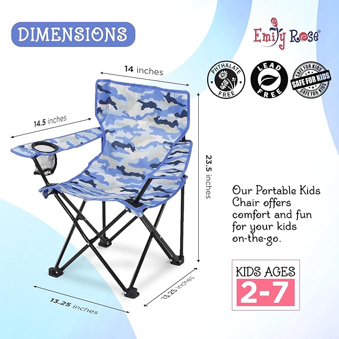 Emily Rose Kids Folding Chair | Beach Chair with Safety Lock- Camping Chair for Boyos Girls Toddler with Cup Holder & Carry Case- Tailgate, Travel, Lawn- for Indoor & Outdoor (Blue Camo) - LeafyLoom