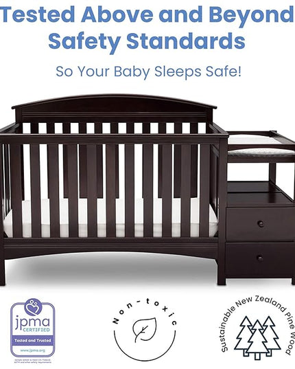 Delta Children Abby Convertible Crib 'N' Changer, Dark Chocolate + Serta Perfect Slumber Dual Sided Recycled Fiber Core Crib and Toddler Mattress (Bundle) - LeafyLoom