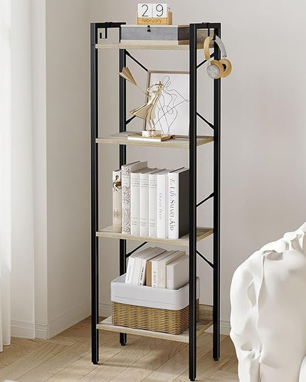 Bookshelf, Book Shelf, Industrial Bookcase with 2 Hooks, Coner Shelf Storage Organizer for Home Office, Living Room, Bedroom, Kitchen, 4-Tier Greige BC10405B - LeafyLoom