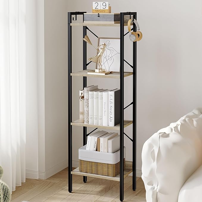 Bookshelf, Book Shelf, Industrial Bookcase with 2 Hooks, Coner Shelf Storage Organizer for Home Office, Living Room, Bedroom, Kitchen, 4-Tier Greige BC10405B - LeafyLoom