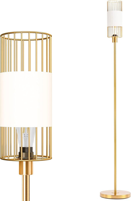 Floor Lamp with Metal Cage Shade & 6W LED Bulb - Indoor Brass Pole Light to Match Living Room or Bedroom in Farmhouse, Vintage, or Rustic Style - Standing, Tall Lighting - Gold - LeafyLoom