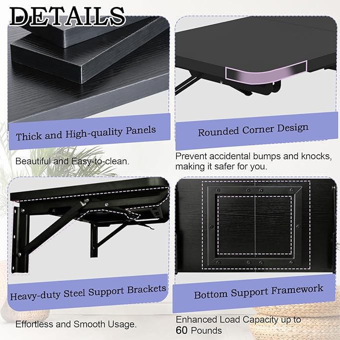 TEAMIX Wall Mounted Folding Table, Black Floating Desk for Small Spaces, Drop Leaf Dining Table for Kitchen Fold Down Laundry Shelf with Heavy-Duty Brackets - LeafyLoom