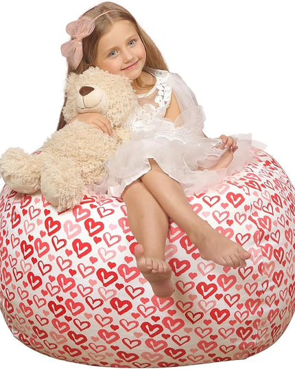 Wekapo Stuffed Animal Storage Bean Bag Chair Cover for Kids | Stuffable Zipper Beanbag for Organizing Children Plush Toys Large Premium Cotton Canvas (Heart, X-Large) - LeafyLoom