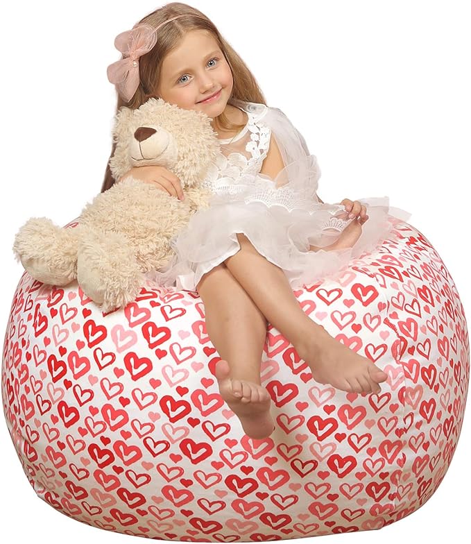 Wekapo Stuffed Animal Storage Bean Bag Chair Cover for Kids | Stuffable Zipper Beanbag for Organizing Children Plush Toys Large Premium Cotton Canvas (Heart, X-Large) - LeafyLoom