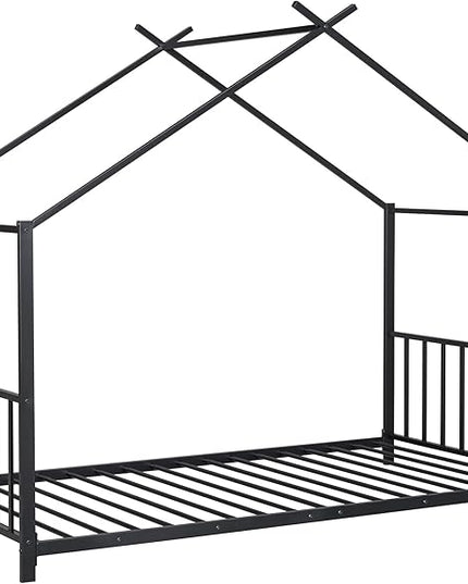 Twin Size Kids Montessori Floor Bed,House Bed Frame with High Headboard,Twin Floor Bed with Roof for Boys Girls,Floor Bed Metal Frame (Black) - LeafyLoom
