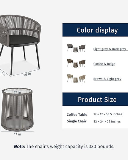 EAST OAK 3-Piece Patio Bistro Set, Patio Conversation Bistro Set with 2 Wide Ergonomic Chairs, Cushions & Glass Top Side Table, Outdoor All-Weather Wicker Furniture for Porch, Gray & Dark Gray - LeafyLoom
