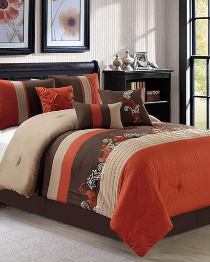 Chezmoi Collection Napa 7-Piece Luxury Autumn Leaves Scroll Embroidery Bedding Comforter Set (Queen, Rust Orange/Brown/Taupe) - LeafyLoom
