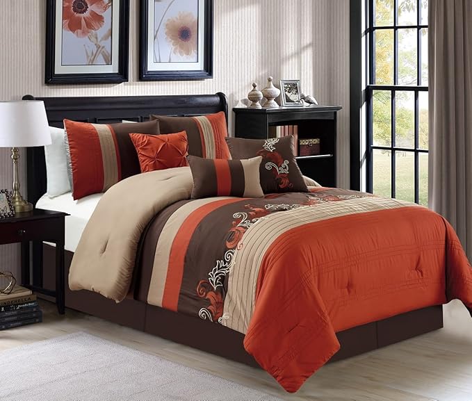 Chezmoi Collection Napa 7-Piece Luxury Autumn Leaves Scroll Embroidery Bedding Comforter Set (California King, Rust Orange/Brown/Taupe) - LeafyLoom