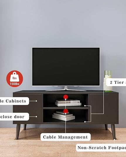 Yusong Retro TV Stand for 55 Inch TV, Entertainment Centers for Living Room Bedroom, Wood TV Bench Table TV Console TV Cabinet with 2 Storage Cabinets and Open Shelves, Black - LeafyLoom