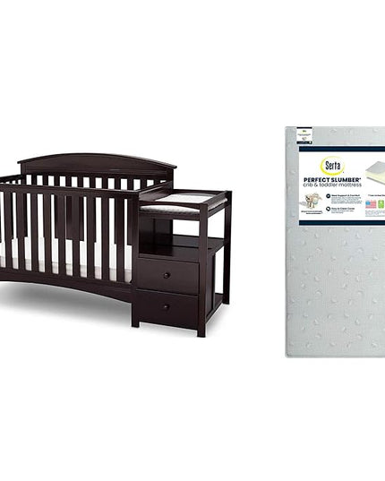 Delta Children Abby Convertible Crib 'N' Changer, Dark Chocolate + Serta Perfect Slumber Dual Sided Recycled Fiber Core Crib and Toddler Mattress (Bundle) - LeafyLoom