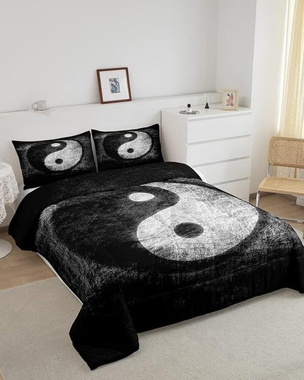 Feelyou Yin Yang Bedding Set for Girls Boys Children Boho Trippy Psychedelic Art Comforter Set Decorative Gossip Pattern Comforter Traditional Ying Yang Theme Duvet Set Twin Size 2Pcs - LeafyLoom