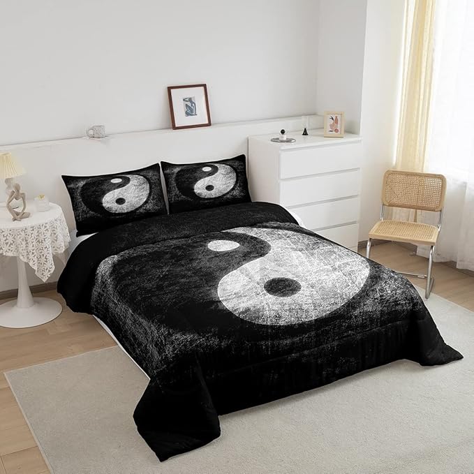 Feelyou Yin Yang Bedding Set for Girls Boys Children Boho Trippy Psychedelic Art Comforter Set Decorative Gossip Pattern Comforter Traditional Ying Yang Theme Duvet Set Queen Size 3Pcs - LeafyLoom