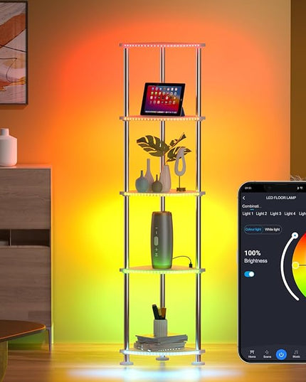 Floor Lamp, Corner Standing Lamp with Shelves, Dimmable Light, Music Sync, Timing, Wireless Charger, and USB Port (Black, 5 Tiers) - LeafyLoom