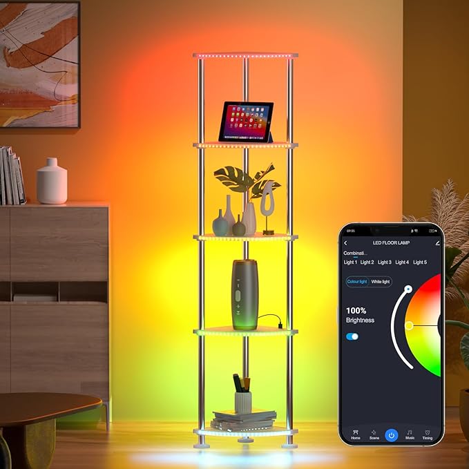 Floor Lamp, Corner Standing Lamp with Shelves, Dimmable Light, Music Sync, Timing, Wireless Charger, and USB Port (Black, 5 Tiers) - LeafyLoom