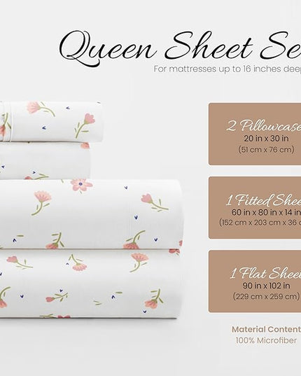Linen Market 4 Piece Queen Sheets Set (Pink Floral) - Sleep Better Than Ever with These Ultra-Soft & Cooling Bed Sheets for Your Queen Size Bed - Deep Pocket Fits 16" Mattress - LeafyLoom