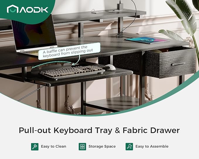 AODK Computer Desk with Keyboard Tray, 55 Inch Gaming Desk with Power Outlet, Office Desk with Drawer, Reversible Desk with Adjustable Monitor Shelf and Storage Shelf for Home, Black - LeafyLoom