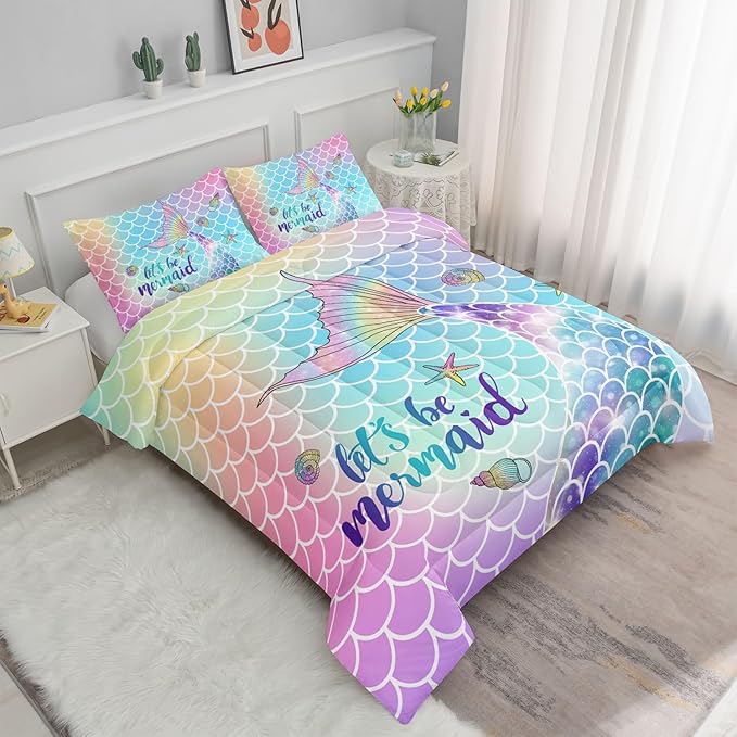 Datura home Bedding Comforter Set Rainbow Scales Mermaid Printed Pattern Bedding Set with 1 Comforter and 2 Pillowcases for Girls Bedroom All Season(Rainbow Scales Mermaid Queen), 90x90inches - LeafyLoom